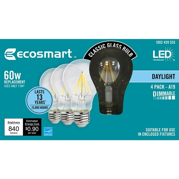EcoSmart 60-Watt Equivalent A19 Dimmable Energy Star Clear Filament Vintage Style LED Light Bulb Daylight (4-Pack)