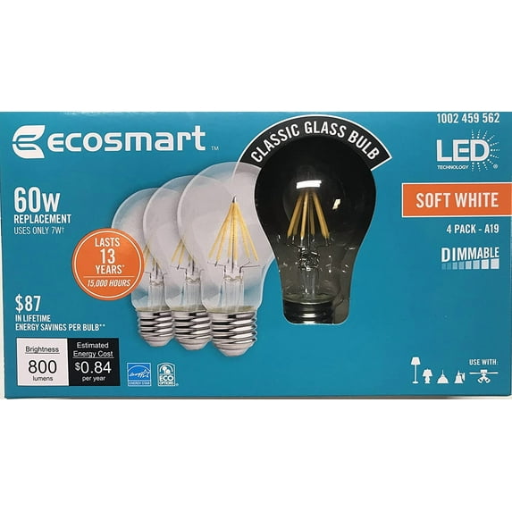 EcoSmart 60-Watt Equivalent A19 Dimmable Energy Star Clear Filament Vintage Style LED Light Bulb Soft White (4-Pack)