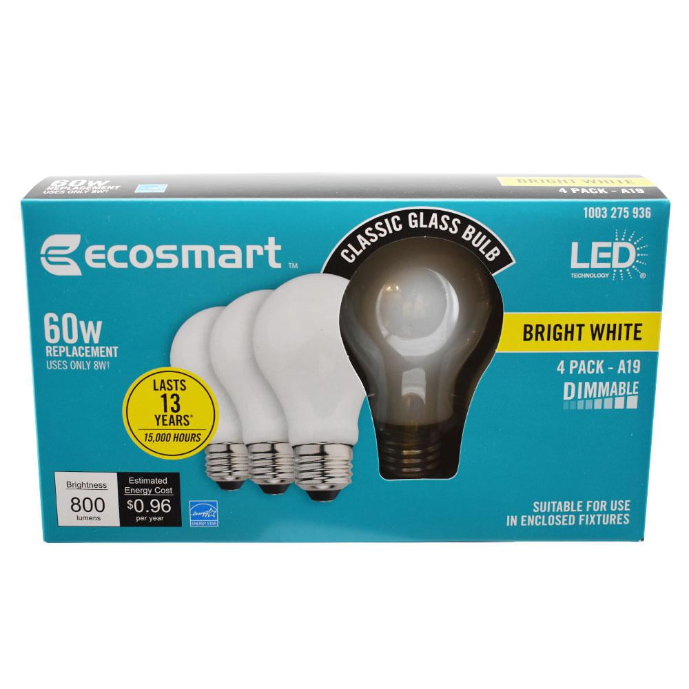 EcoSmart 60-Watt Equivalent A19 Dimmable LED Light Bulb Bright White (4-Pack)