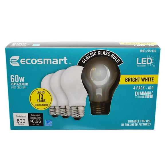 EcoSmart 60-Watt Equivalent A19 Dimmable LED Light Bulb Bright White (4-Pack)