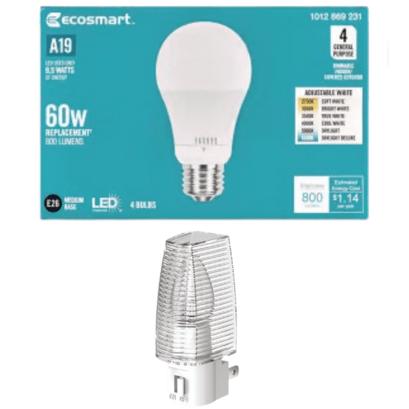 EcoSmart 60-Watt Equivalent A19 Dimmable LED Light Bulb,Selectable Color Temperature (4-Pack),Medium (E26) ,Shatter Resistant,  With Free Night Light