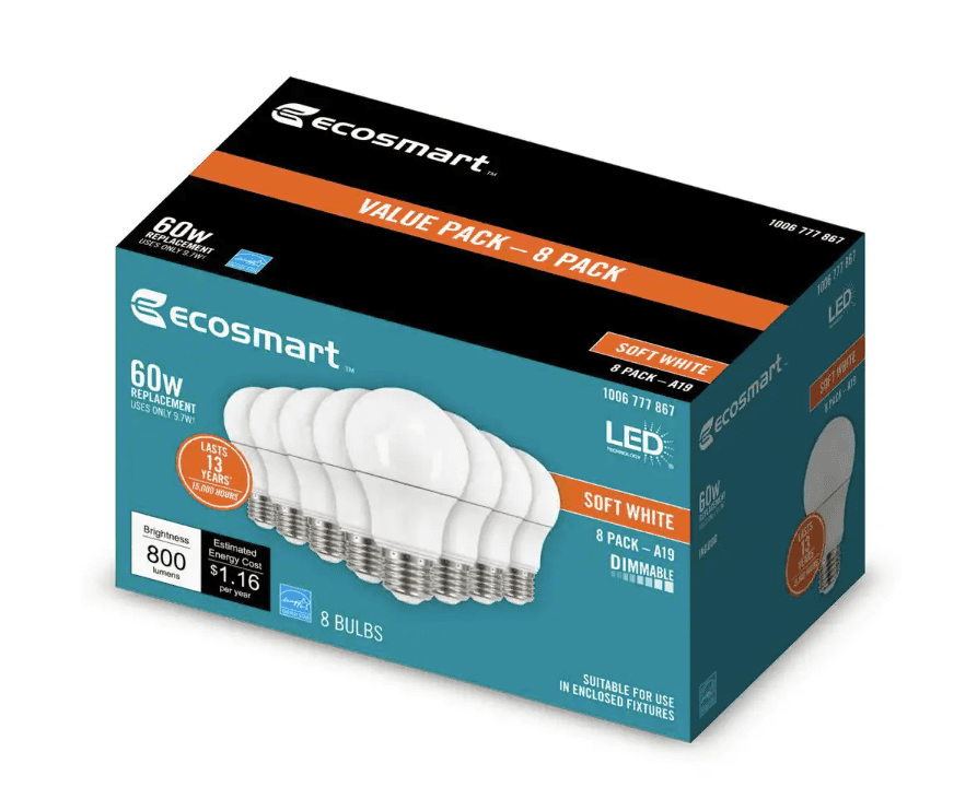 EcoSmart 60-Watt Equivalent A19 Dimmable LED Light Bulb Soft White (8-Pack) Model # 11A19060WESD081