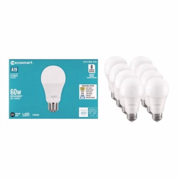EcoSmart 60-Watt Equivalent A19 E26 Base Dimmable LED Light Bulb with Selectable Color Temperature (8-Pack)