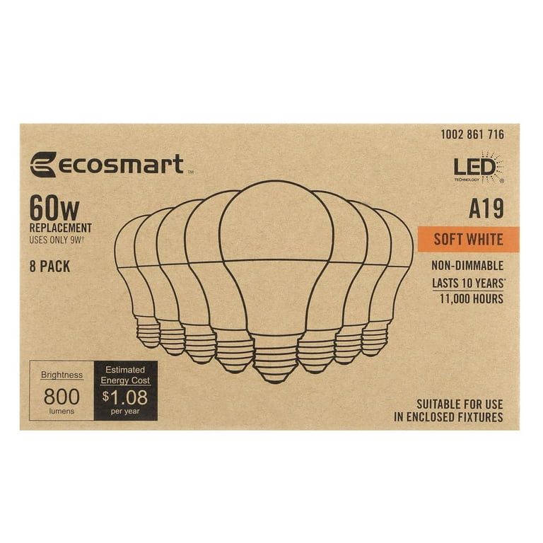 EcoSmart 60-Watt Equivalent A19 Non-Dimmable CEC LED Light Bulb Soft White (16-Pack)