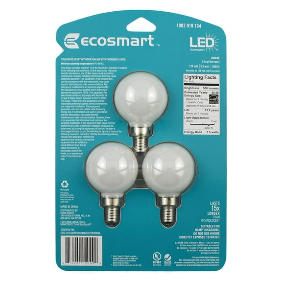 EcoSmart 60-Watt Equivalent G16.5 Dimmable Energy Star Frosted Filament LED Light Bulb Daylight (3-Pack)