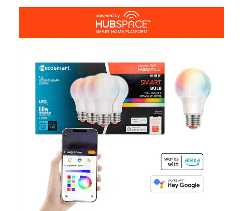 EcoSmart 60-Watt Equivalent Smart A19 E26 Base Color Changing CEC LED Light Bulb with Voice Control (4-Bulb) Powered by Hubspace