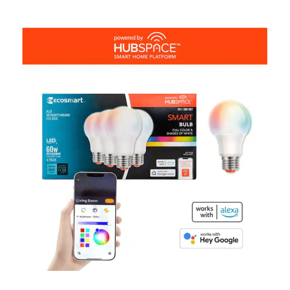 EcoSmart 60-Watt Equivalent Smart A19 E26 Base Color Changing CEC LED Light Bulb with Voice Control (4-Bulb) Powered by Hubspace