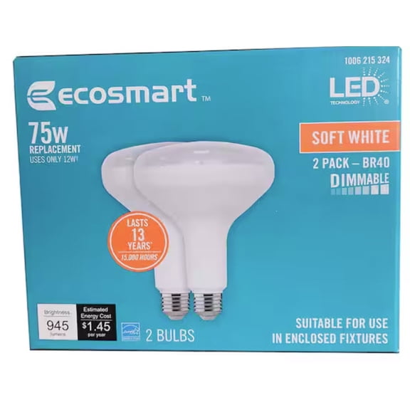EcoSmart 75-Watt Equivalent BR40 Dimmable Energy Star LED Light Bulb Soft White (2-Pack)