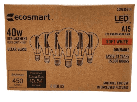 EcoSmart A15 LED Light Bulbs | Clear | Vintage Filament | 450 Lumens | 40W Equivalent | Candelabra E12 Base | Dimmable | Soft White (2700K) | Ideal for Ceiling Fans | 6-Pack