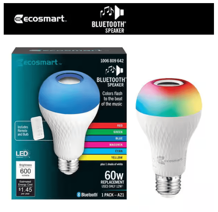 EcoSmart 60-Watt Equivalent A21 Bluetooth Speaker Colored Plus Bright White E26 Medium LED Light Bulb W/ Remote Control (1-Pack)