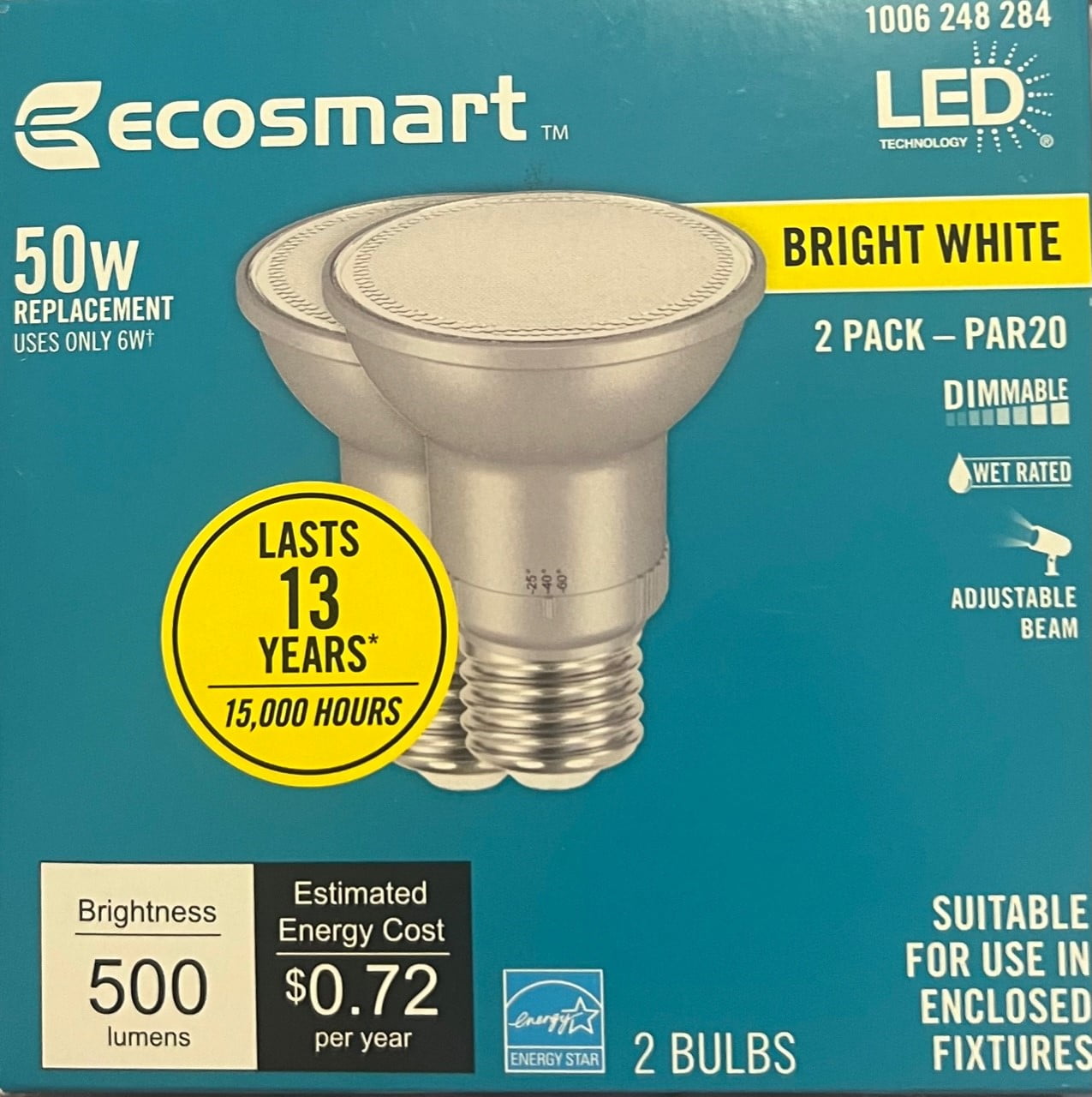 EcoSmart LED 6W (50W Equivalent) Bright White Dimmable Light Bulbs, Adjustable Beam Angle (2 Pack)