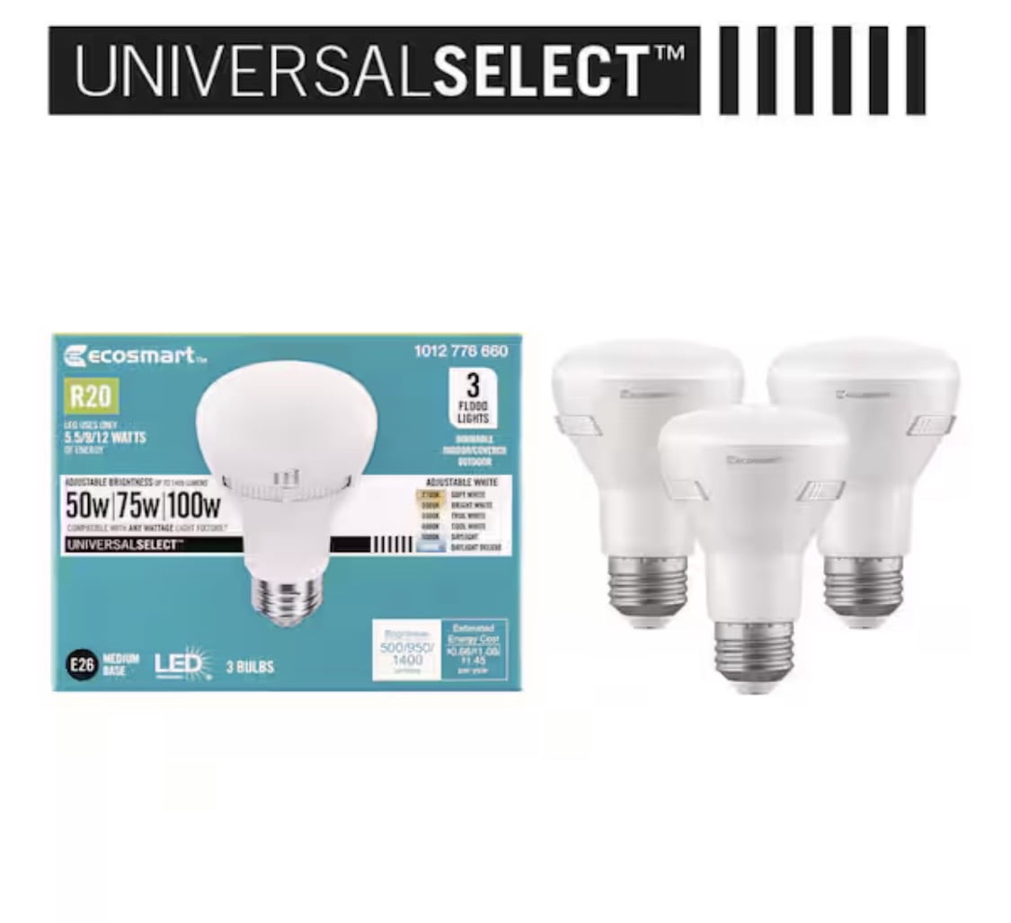 EcoSmart Universal Select 50/75/100-Watt Equivalent R20 Dimmable LED Flood Light Bulb with Selectable Color Temperature (3-Pack)