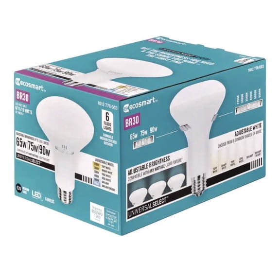 EcoSmart Universal Select 65/75/90-Watt Equivalent BR30 Dimmable LED Flood Light Bulb with Selectable Color Temperature (6-Pack)