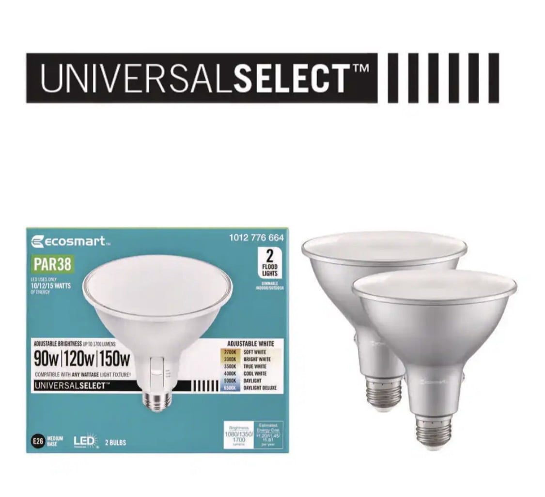 EcoSmart Universal Select 90/120/150-W Equivalent PAR38 Dimmable LED Spot Light Bulb Selectable Color Temperature (2-Pack)