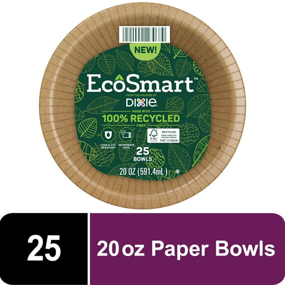 EcoSmart by Dixie Disposable Paper Bowls, Brown, 20 Ounce, 25 Count