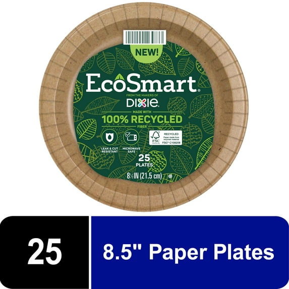 EcoSmart by Dixie Disposable Paper Plates, 100% Recycled Fiber, Brown, 8.5 in, 25 Count