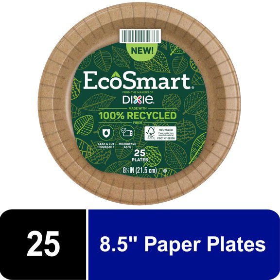 EcoSmart by Dixie Disposable Paper Plates, 100% Recycled Fiber, Brown, 8.5 in, 25 Count