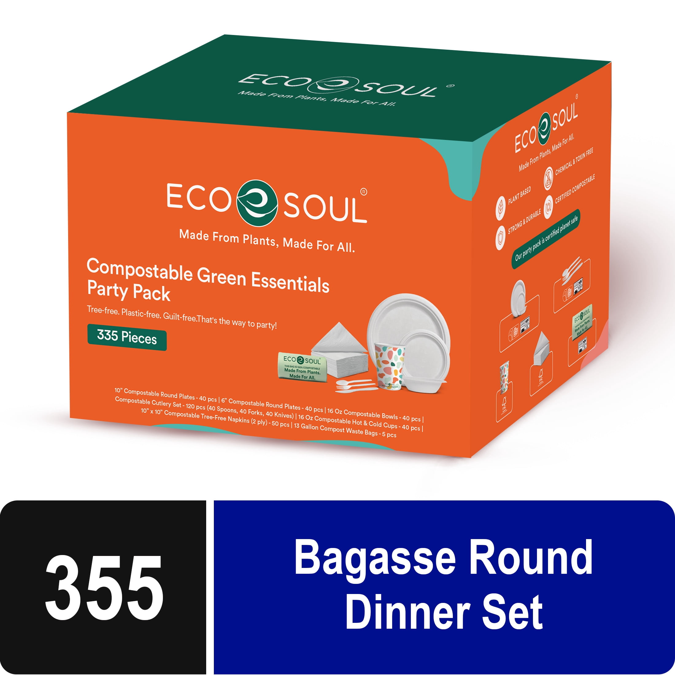 EcoSoul Compostable Dinnerware Set for 40 Guests, with Sugarcane Bagasse Plates, Bowls, Cups, Cutlery, Napkins and Compost Waste Bags - 335 Count