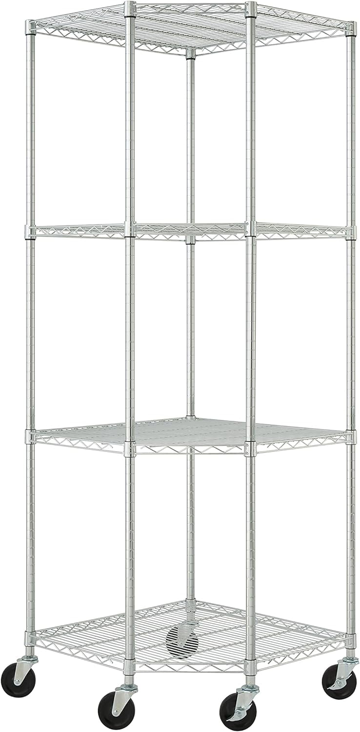 Adjustable Gray Steel 4-Tier Corner Shelving Unit with Wheels