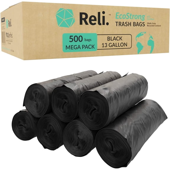 EcoStrong 13 Gallon Trash Bags | 500 Count Bulk | Black | Eco-Friendly | Made from Recycled Material