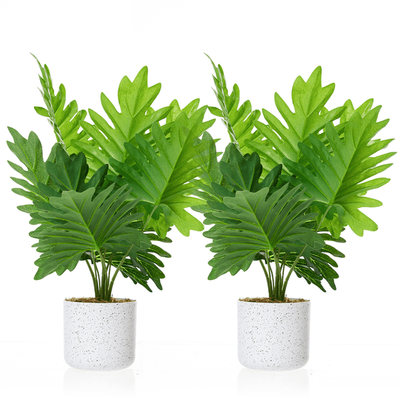 EcoSummer 17.7" Artificial Philodendron Plant in Pot 2 Faux Tropical Plants, Lifelike Indoor Decor with Cement Moss Base.
