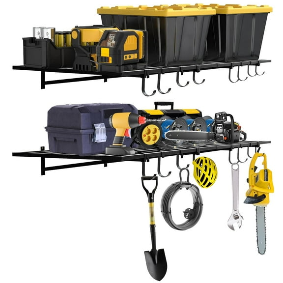 EcoSummer 2-Pack 2x4 ft Heavy-Duty Wall Mounted Garage Shelves | 800 lbs Total Capacity with Hooks, Black Metal Storage Racks for Workshop & Garage Organization