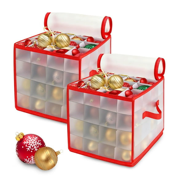 EcoSummer 2-Pack Christmas Ornament Storage Boxes with 64 Compartments Each, 12x12x12 Inch Stackable Plastic Containers with Cardboard Dividers for Holiday Decorations