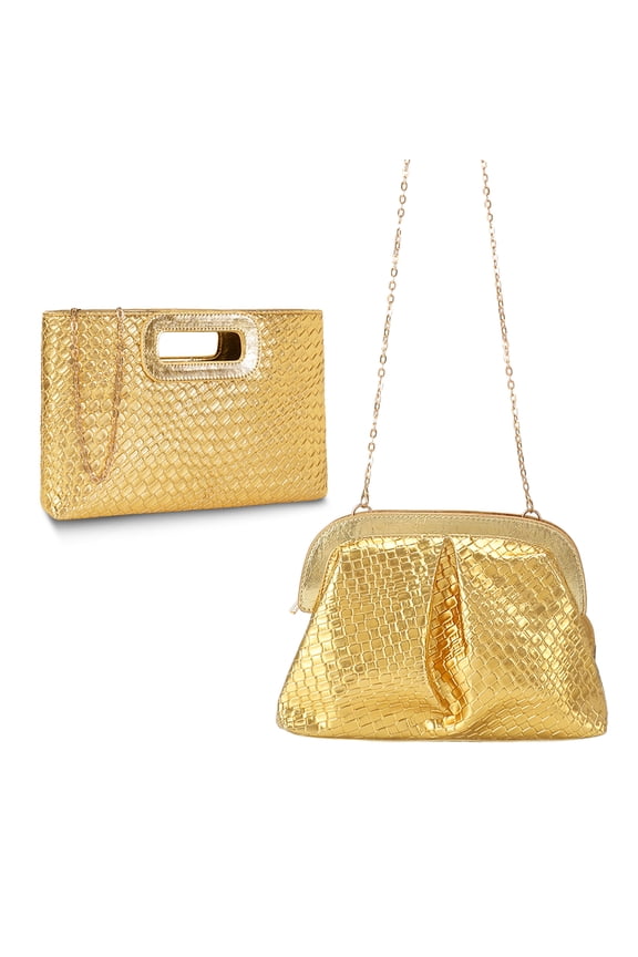 2 Pack Woven Straw Purses with Metal Chain, PU Leather Beach Clutch Handbags for Women, Crossbody & Shoulder Bags for Wedding, Party & Vacation,Gold