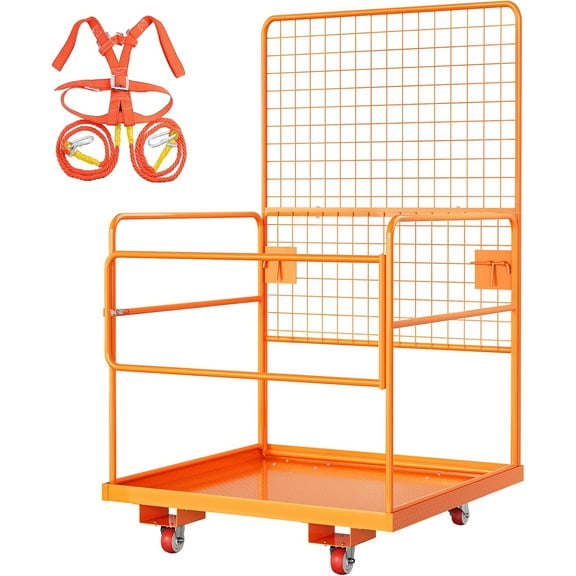 EcoSummer 2200 LBS Forklift Safety Cage, 45"x43" Foldable Steel Man Basket with Guardrails & Wheels, Heavy Duty Forklift Work Platform for Aerial Maintenance, Includes Safety Harness
