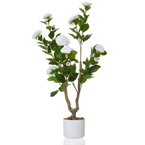 EcoSummer 3FT Artificial Camellia Tree with White Flowers, Faux Plant in Pot for Home Office Decor