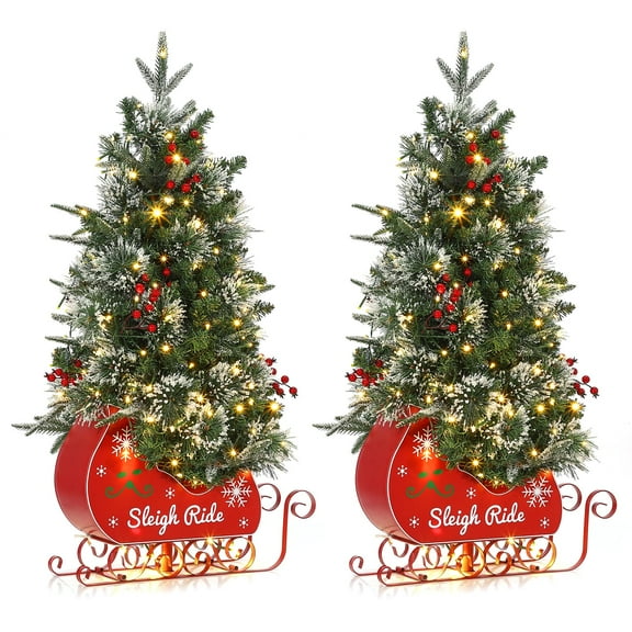 EcoSummer 3FT Pre-Lit Artificial Christmas Trees Set of 2 Small Xmas Trees with Sleigh Base, 78 Warm LED Lights, 8 Modes, Snow-Flocked Branches for Home, Office & Holiday Decorations