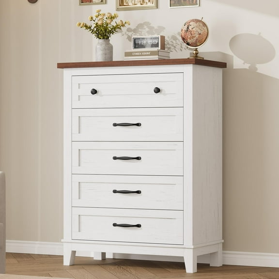 EcoSummer 5-Drawer Vertical Dresser for Bedroom 41.3" Tall Freestanding Wooden Closet Chest with Large Storage, White & Brown