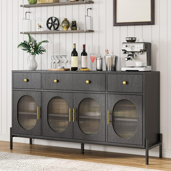EcoSummer 62" Sideboard Buffet Cabinet with 4 Fluted Acrylic Doors & 3 Drawers, Modern Storage Cabinet with Adjustable Shelves for Dining Room, Kitchen, Living Room, Coffee Bar Textured Black