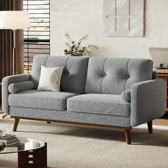 EcoSummer 65" Loveseat Sofa, Mid Century Modern 2-Seater Couch with Teddy Boucle Fabric, Deep Seat Comfort for Living Room, Bedroom, Small Spaces, Grey