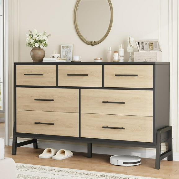 EcoSummer 7-Drawer Dresser for Bedroom  52" Wide Wooden Storage Chest  Freestanding Closet Dresser with Ample Storage for Living Room, Entryway & Bedroom (Natural Oak + Black)