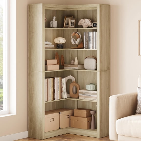 EcoSummer 71.8" Tall Corner Bookshelf with 5-Tier Display Shelf, Large L-Shaped Corner Bookcase, Heavy Duty Storage Shelf for Bedroom, Living Room, Home Office, or Hallway