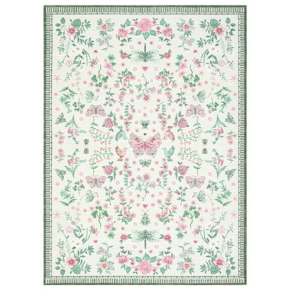 EcoSummer 9x12 Modern Floral Area Rug Large Low-Pile Non-Slip Carpet, Machine Washable, Soft Faux Wool for Bedroom, Living Room, Dining Room, Pink