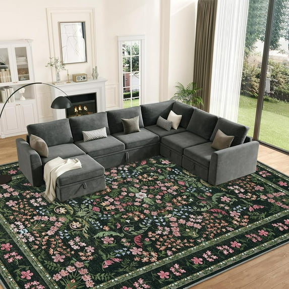 EcoSummer 9 ft x 12 ft Green Floral Area Rug, Washable Low Pile Non-Slip Carpet for Living Room