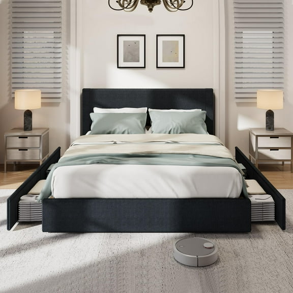 EcoSummer Black Corduroy Queen Bed Frame with Headboard & 4 Storage Drawers, Upholstered Platform Bed with Strong Slats Support, No Box Spring Needed