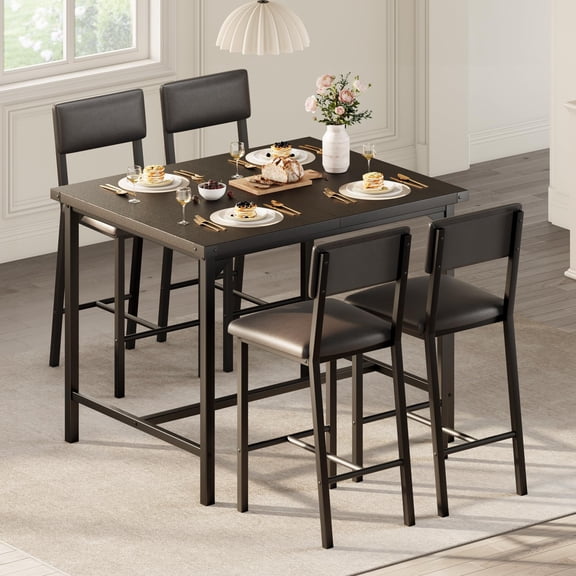 EcoSummer Dining Table Set for 4 w/Counter Height Table & 4 Upholstered Bar Stools, 5-Piece Kitchen Table Set with Footrest & Corner Protector, for Kitchen Room, Apartment, Pub