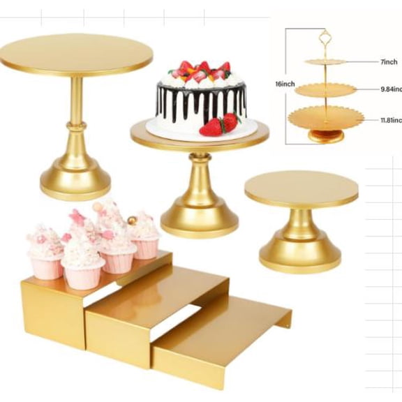 EcoSummer Gold 7-Piece Cake Stand Set - 2 Tiered Dessert Stands, 3 Round & 2 Rectangular Plates for Wedding, Birthday, Baby Shower, Afternoon Tea Display