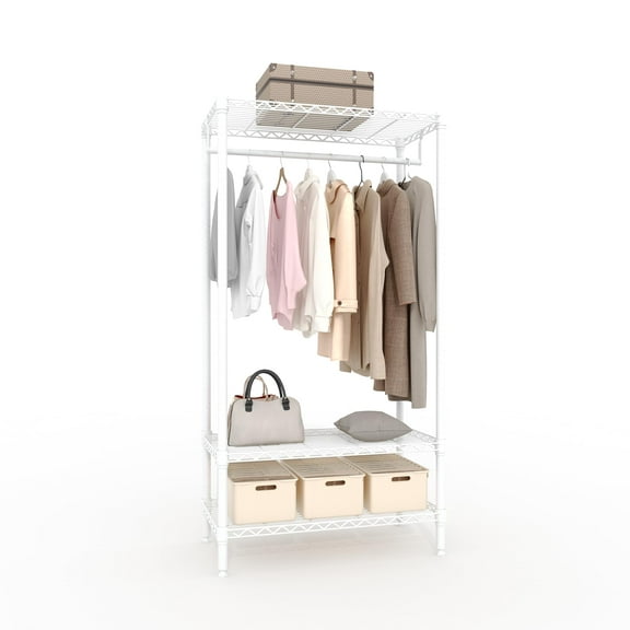 EcoSummer Metal Clothes Rack, Freestanding 3-Tier Adjustable Wire Shelving with Hanging Rod, Heavy-Duty Wardrobe Storage Organizer, 660 lbs Capacity, 17.7"D x 35.4"W x 68"H, White