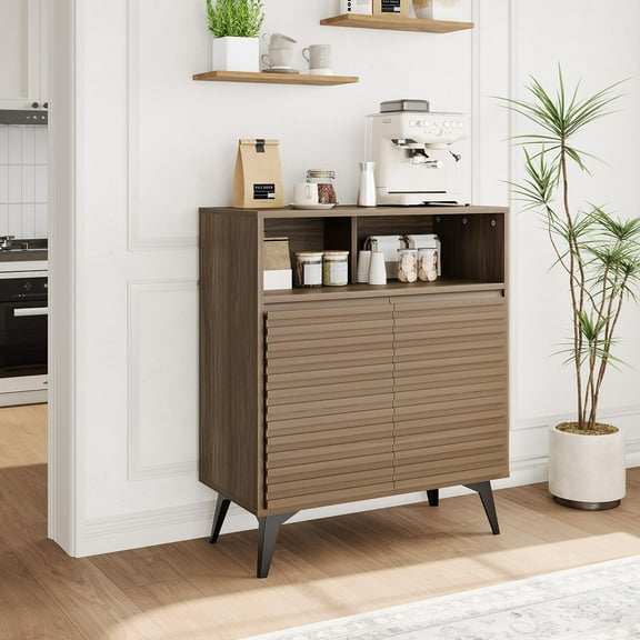 EcoSummer Modern Fluted Console Table Buffet Cabinet with Storage, Wooden Credenza with Adjustable Shelves & Metal Legs, Mid-Century Sideboard for Living Room, Dining Room, Hallway, Walnut Finish