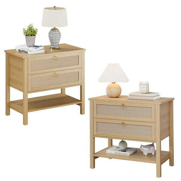 EcoSummer Nightstand Set of 2 with Rattan Drawers - Mid Century Modern Bedside Tables, Light Oak Finish