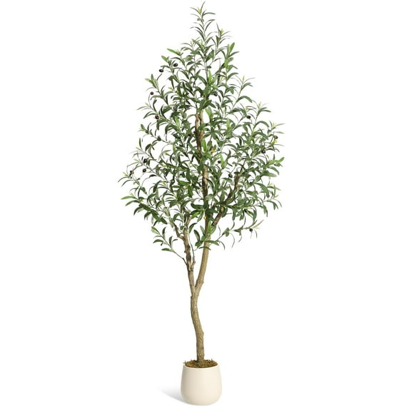 EcoSummer Olive Trees Artificial Indoor, 6ft Tall Faux Silk Plant - Fake Potted Tree with White Planter, Artificial Plants with Natural Wood Trunk and Lifelike Fruits for Home Office Decor, 1 Pack