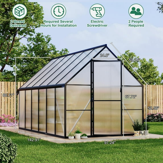 EcoSummer Outdoor Greenhouse, Aluminum-Framed Polycarbonate Greenhouse, Heavy Duty Polycarbonate Green House with Large Enhanced Aluminum Kit and Roof Vent, 6x7 FT