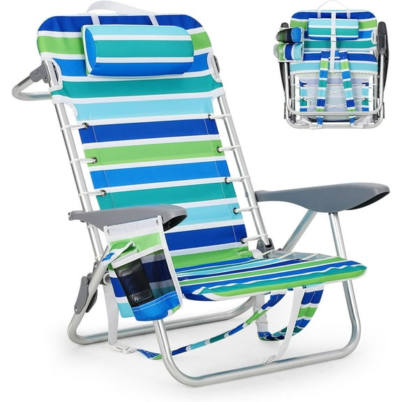 EcoSummer Portable Backpack Beach Chair - Lightweight Folding Chair w/5 Reclining Positions (Lay Flat), 300LBS Capacity - Includes Cup Holder, Phone Pocket & Tower Bar for Adults