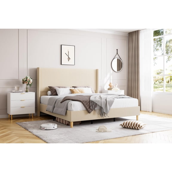 EcoSummer Queen Bed Frame with Corduroy Upholstery, Vertical Channel Tufted Wingback Headboard, Wooden Slats Support, Noise-Free Platform Bed with 6.3" Under-Bed Storage, Beige