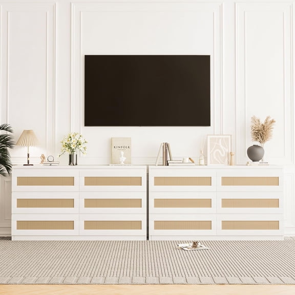 EcoSummer Rattan Dresser with 6 Drawers, Modern Double Dresser with Metal Gliding Slides, Wooden Storage Chest for Bedroom, Living Room, Closet, Hallway, White