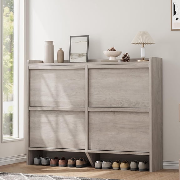 EcoSummer Shoe Storage Cabinet with 4 Flip-Down Doors, Wooden Entryway Organizer with Adjustable Shelf, Space-Saving Hidden Storage for Hallway & Living Room, Grey